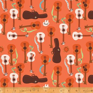 Far Far Away 3, Guitars in Red orange, by Heather Ross for Windham Fabrics, 34" (End of Bolt)