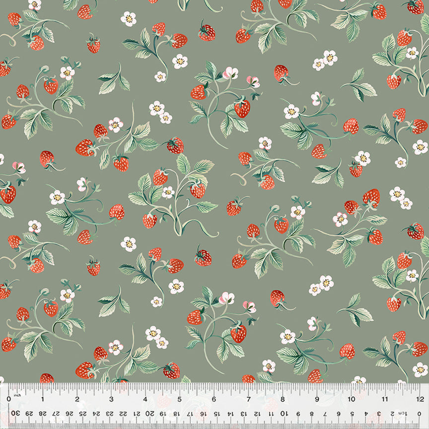 Robin by Clare Therese Gray, Strawberries in Dark Sage, per half-yard