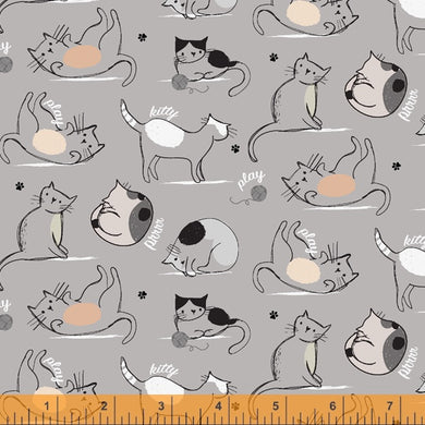 Mod Cats, Cats Playing in Grey, per half-yard