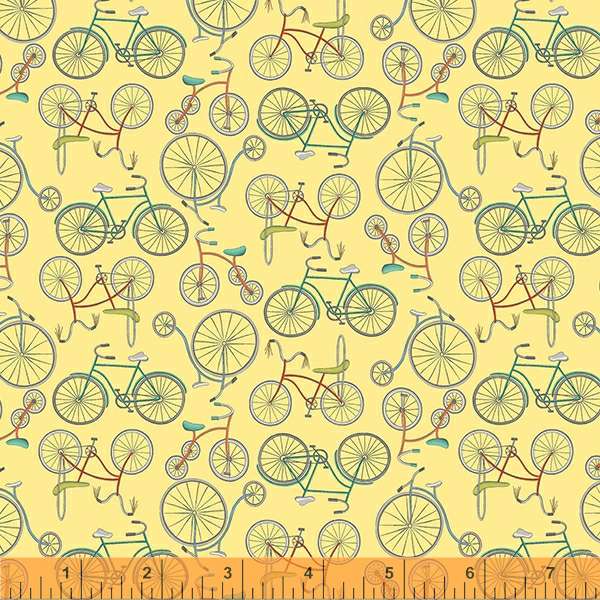 Be My Neighbor by Terri Degenkolb, Bicycles in Pale Yellow, per half-yard