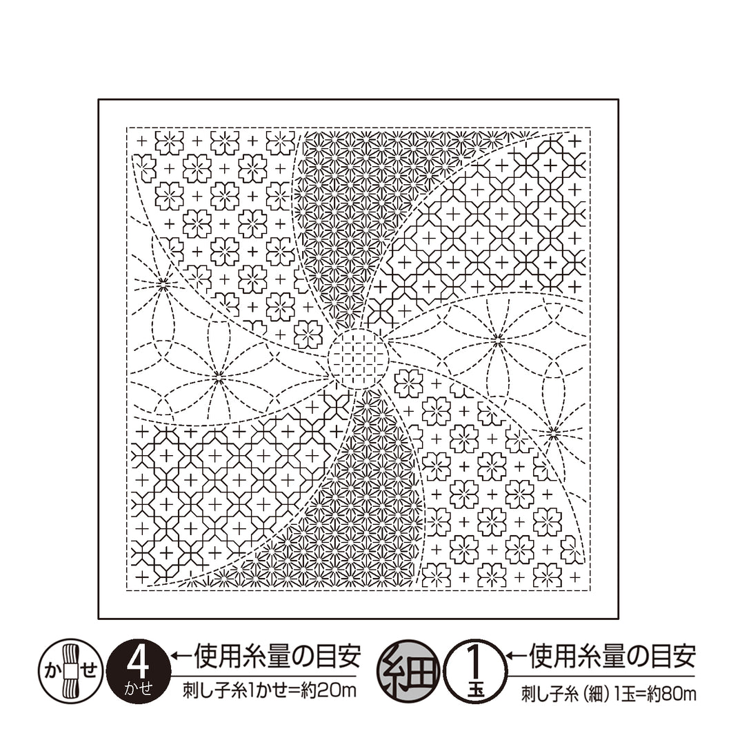 Olympus #H-1144_2144 Japanese Sashiko Hitomezashi, Hana-Fukin Sashiko Sampler - Hana Temarii (White OR Indigo)