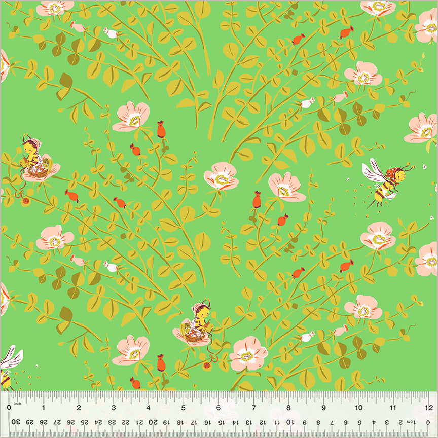 Heather Ross by Studio Edit, Nanny Bee in Green, by Heather Ross for Windham Fabrics, per half-yard