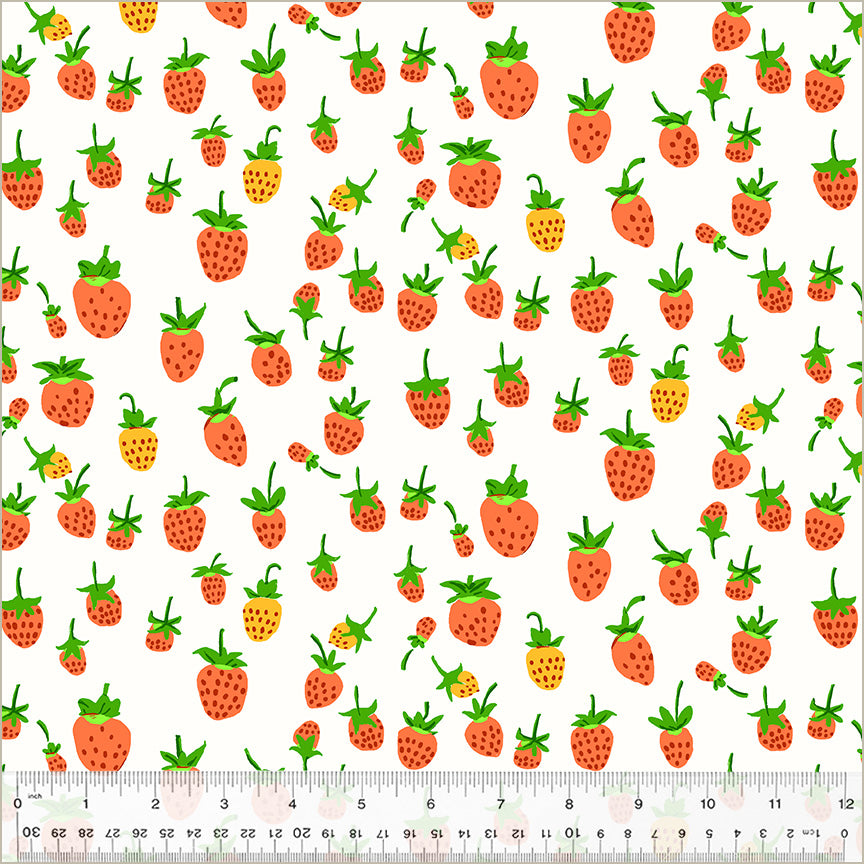 Heather Ross by Studio Edit, Strawberries in White, by Heather Ross for Windham Fabrics, per half-yard