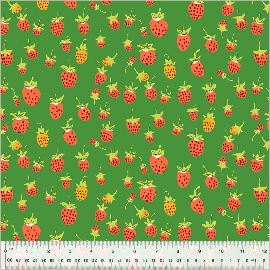 Heather Ross by Studio Edit, Strawberries in Green, by Heather Ross for Windham Fabrics, per half-yard