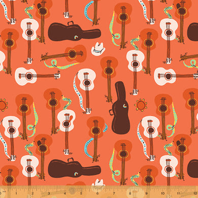Far Far Away 3, Guitars in Red orange, by Heather Ross for Windham Fabrics, 34
