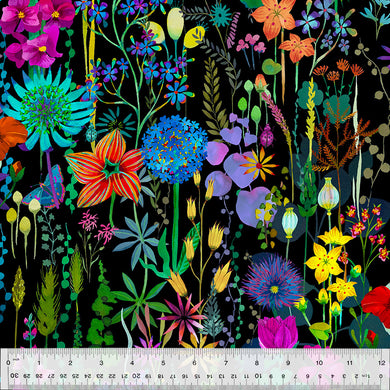 Gardenia by Sally Kelly, Flora in Black, per half-yard