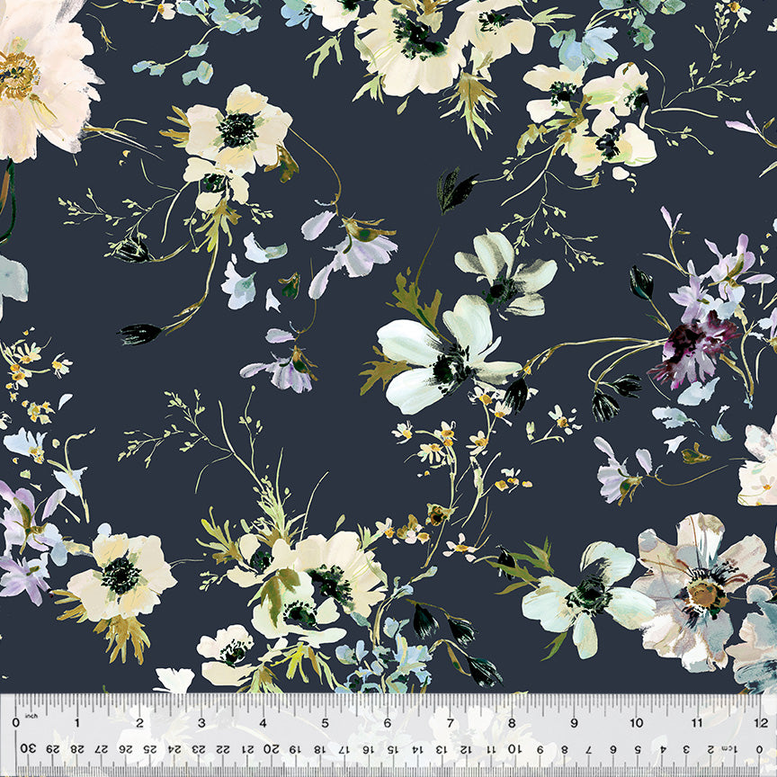 Perennial by Kelly Ventura, Wild Anemone in Indigo, per half-yard