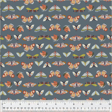 Under the Canopy by Jennifer Moore / Monaluna, Moonlit Moths in Slate, per half-yard