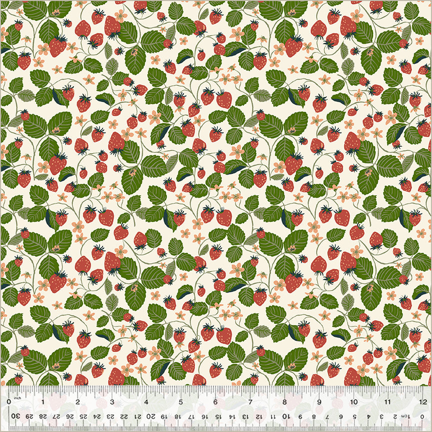 Under the Canopy by Jennifer Moore / Monaluna, Strawberry Fields in Ivory, per half-yard