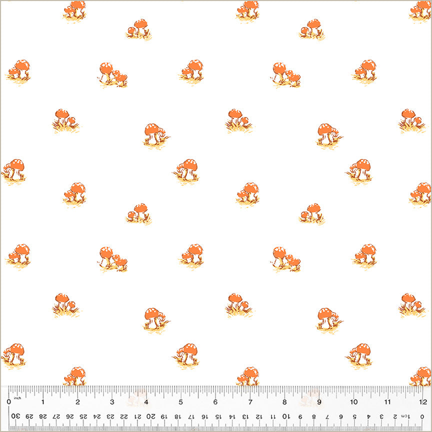 Heather Ross by Studio Edit, Mushrooms in White, by Heather Ross for Windham Fabrics, per half-yard