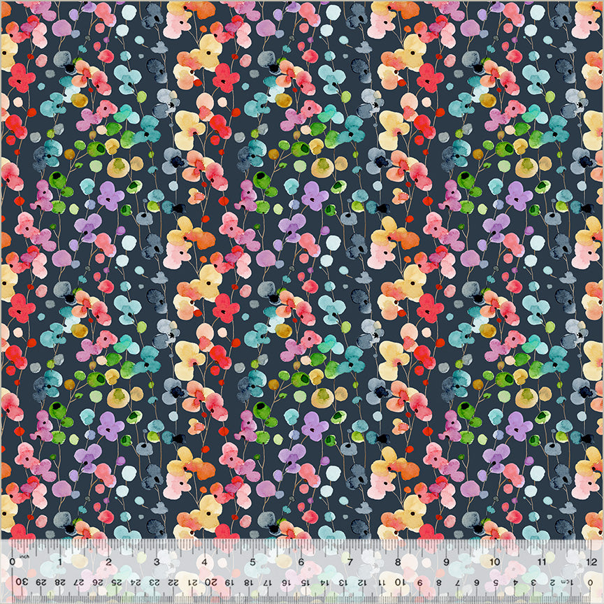 Wild Meadow by Sue Miano, Petite Blooms in Navy, per half-yard