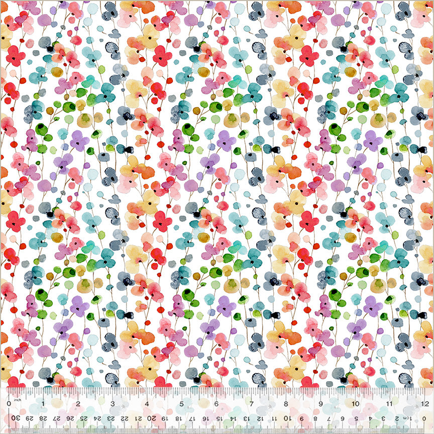 Wild Meadow by Sue Miano, Petite Blooms in White, per half-yard