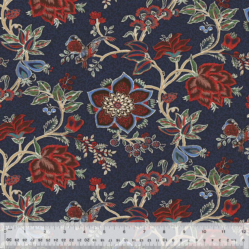 Duchess by Williamsburg, Scarlet Serenade in Navy, per half-yard