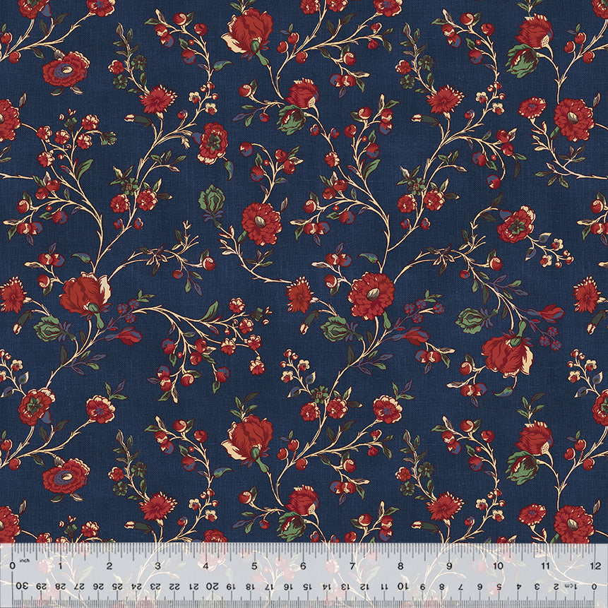 Duchess by Williamsburg, Blooming Vine in Indigo, per half-yard