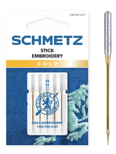 Load image into Gallery viewer, SCHMETZ Gold Titanium Embroidery Needles, Household Sewing Machine Needles (5pc pack)