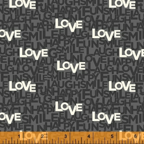 Typecast, Happy Words in Grey, Windham Fabrics, per half yard
