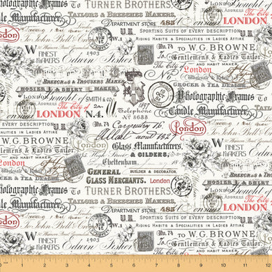 London, Text and Stamps in White, Windham Fabrics, per half yard