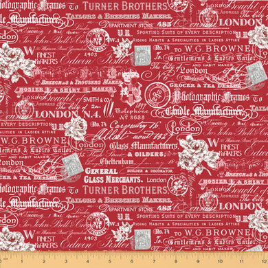 London, Text and Stamps in Red, Windham Fabrics, per half yard