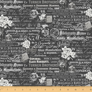 London, Text and Stamps in Black, Windham Fabrics, per half yard