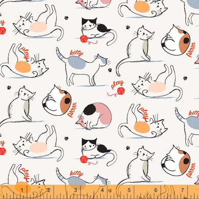 Mod Cats, Cats Playing in Ivory, per half-yard