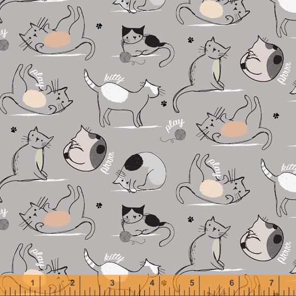 *Closeout Sale* Mod Cats, Cats Playing in Grey, per half-yard