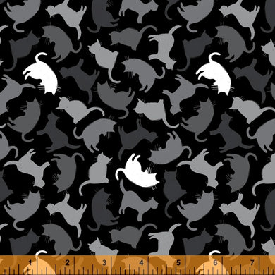 Mod Cats, Kitty Silhouettes in Soft Black, per half-yard