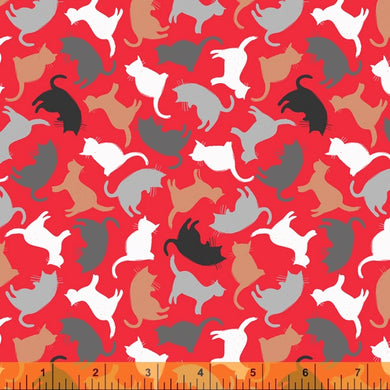 Mod Cats, Kitty Silhouettes in Red, per half-yard