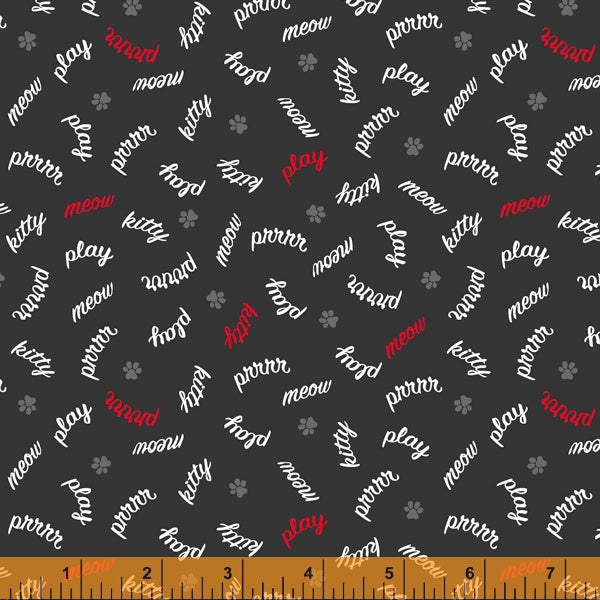 *Closeout Sale* Mod Cats, Play Words in Black, per half-yard
