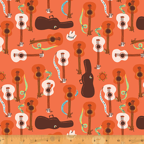 Far Far Away 3, Guitars in Red orange, by Heather Ross for Windham Fabrics, per half-yard