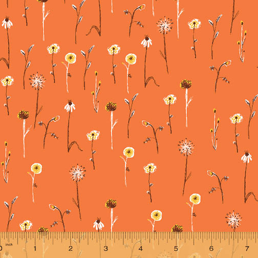 Far Far Away 3, Wildflowers in Burnt Orange, by Heather Ross for Windham Fabrics, per half-yard