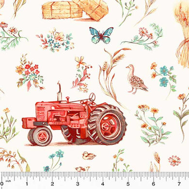 *Closeout Sale* Farm Meadow, Farm Scene in Ivory, per half-yard