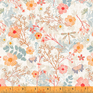 Forest Fairies, Flower Field in White, per half-yard