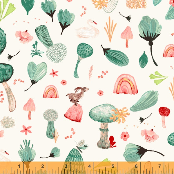 Forest Fairies, Mushroom Forest in White, per half-yard