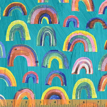 Load image into Gallery viewer, Happy by Carrie Bloomston, Paper Rainbows in Turquoise, per half-yard