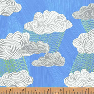 Happy by Carrie Bloomston, Silver Lining in Cornflower, per half-yard