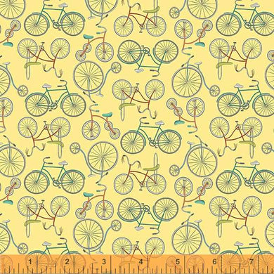 Be My Neighbor by Terri Degenkolb, Bicycles in Pale Yellow, per half-yard