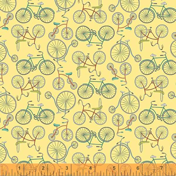 Be My Neighbor by Terri Degenkolb, Bicycles in Pale Yellow, per half-yard