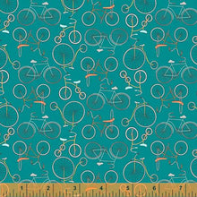 Load image into Gallery viewer, Be My Neighbor by Terri Degenkolb, Bicycles in Teal, per half-yard