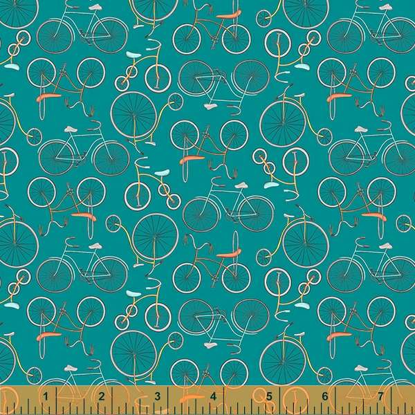 Be My Neighbor by Terri Degenkolb, Bicycles in Teal, per half-yard