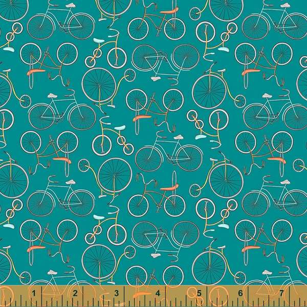 Be My Neighbor by Terri Degenkolb, Bicycles in Teal, per half-yard