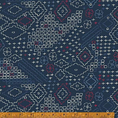 Indigo Stitches, Sashiko Sampler in Navy by Whistler Studios for Windham Fabrics, per half-yard