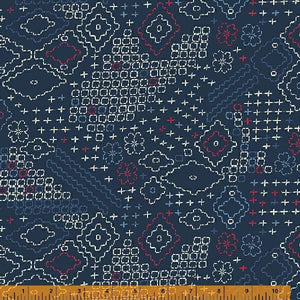 Indigo Stitches, Sashiko Sampler in Navy by Whistler Studios for Windham Fabrics, per half-yard