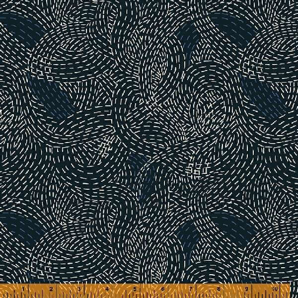 Indigo Stitches, Stitched Waves in Indigo by Whistler Studios for Windham Fabrics, per half-yard