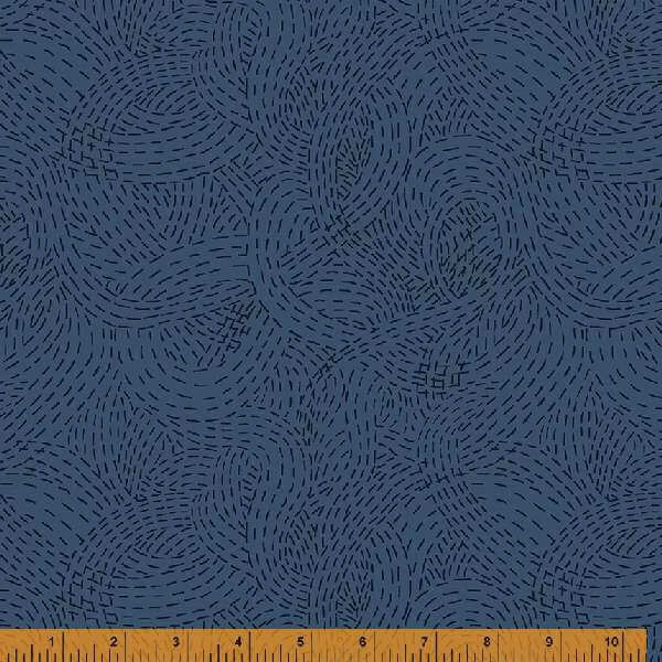 Indigo Stitches, Stitched Waves in Denim by Whistler Studios for Windham Fabrics, per half-yard