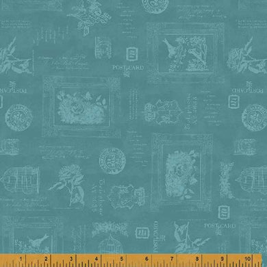 Wish You Were Here, Secret Message in Teal by Whistler Studios for Windham Fabrics, per half-yard