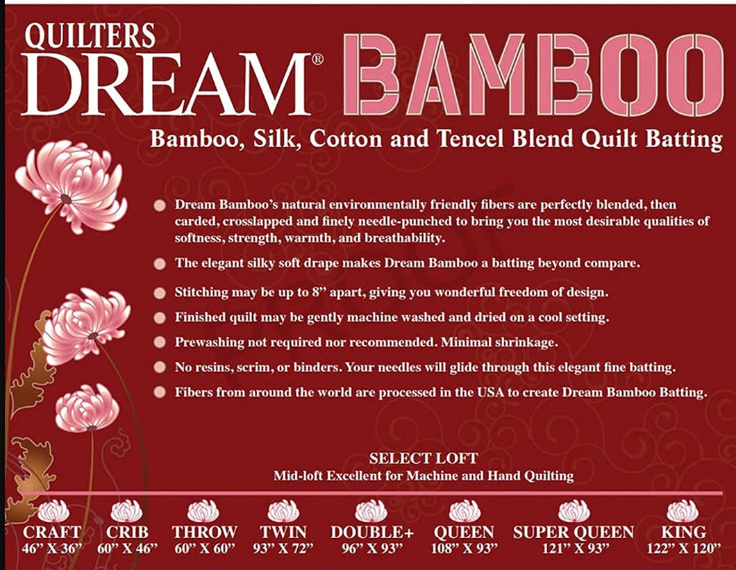 Quilters Dream Bamboo: Select, Cotton/Bamboo/Silk/Tencel Blend batting, 120