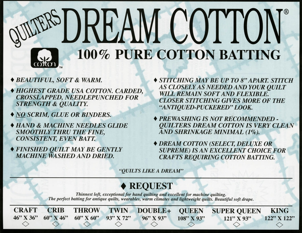 Quilters Dream Cotton - Request, 100% Cotton batting, 93