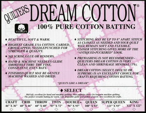 Quilters Dream Cotton - Select, 100% Cotton batting, 93" or 120" wide, per half-yard