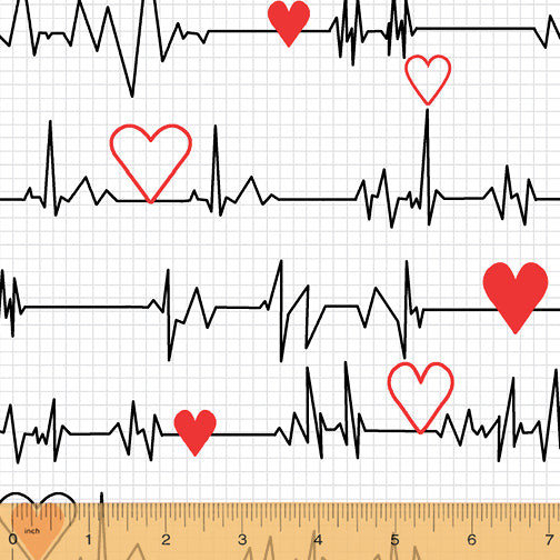 *Closeout Sale* Calling All Nurses Collection, Heartbeat in White by Windham Fabrics, per half yard
