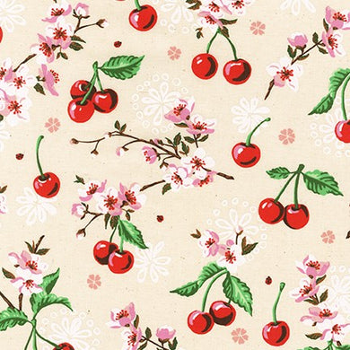 Wishwell Cheery Blossom in Lawn, Cherries and Blooms Natural, per half-yard
